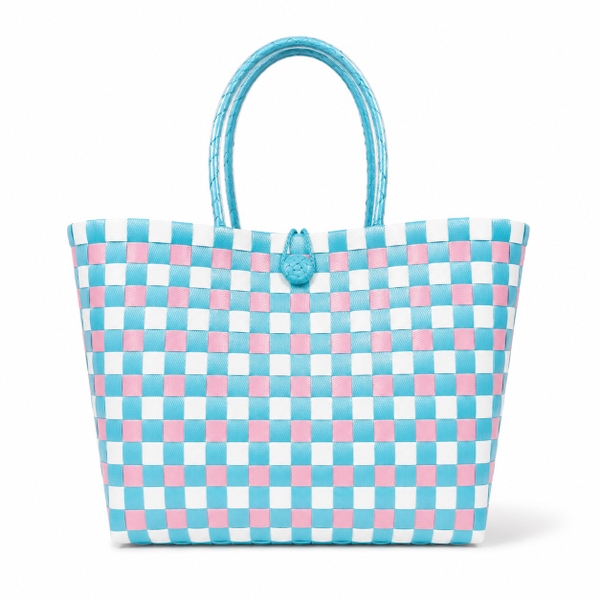 Small Woven Basket Bag in Pink & Turquoise Gingham (S)