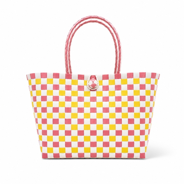 Woven Basket Bag in Pink & Yellow Gingham (S)
