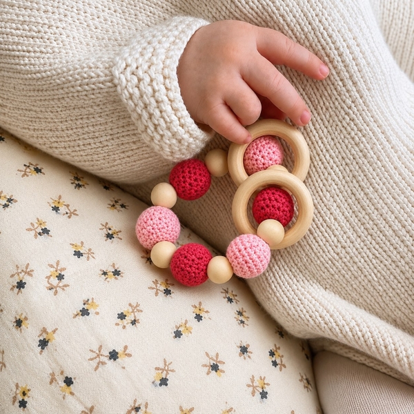 KID & BABY - Crochet Teething Toy With Wooden Circle in Pink