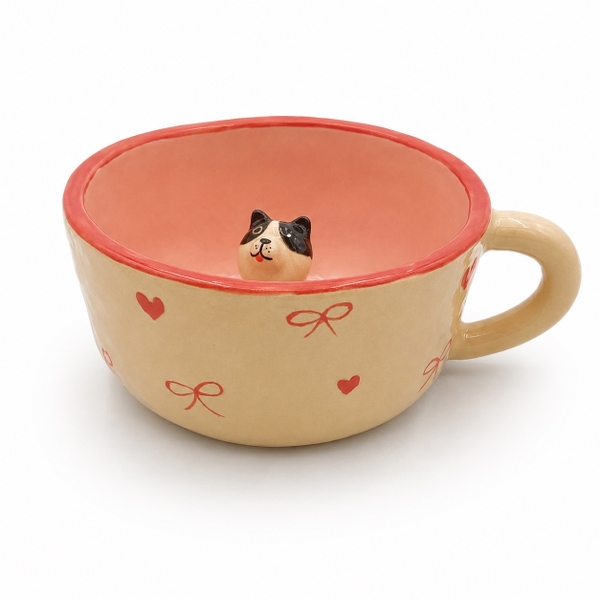 LINDO CRAFTS - Heart & Bow Mug in Pink With Black & White Dog Inside