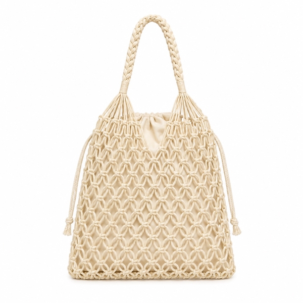 Macrame Tote Bag in Beige