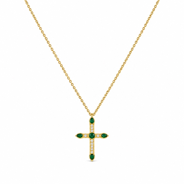 ROUGE - 18K Gold Plated Necklace with Cross Pendant & Green Stone