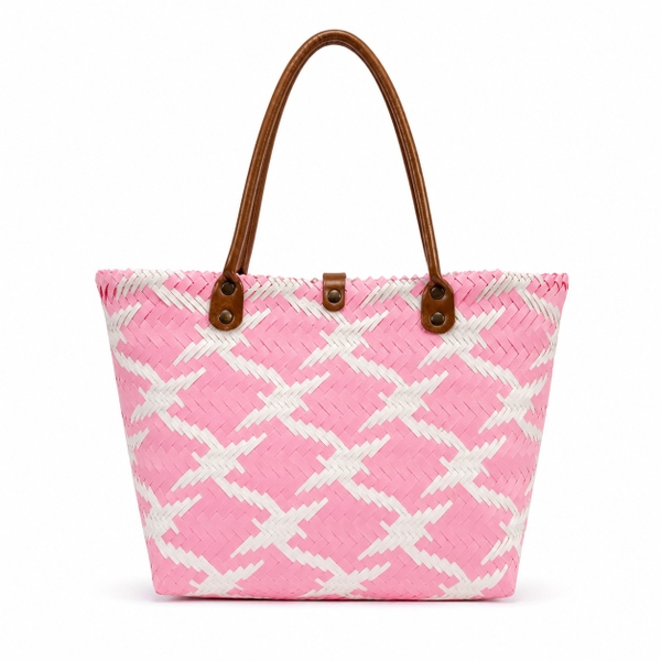 Woven Basket Bag With Leather Strap in Pink (M)