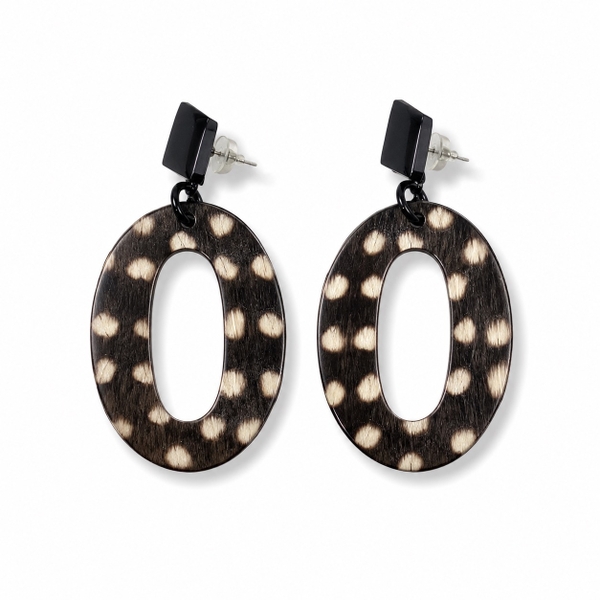 AZIET -  Buffalo Horn & Lacquer Oval Earrings in Black With White Polka Dots