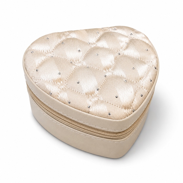Heart Jewelry Box in Beige Satin With Crystal Stud
