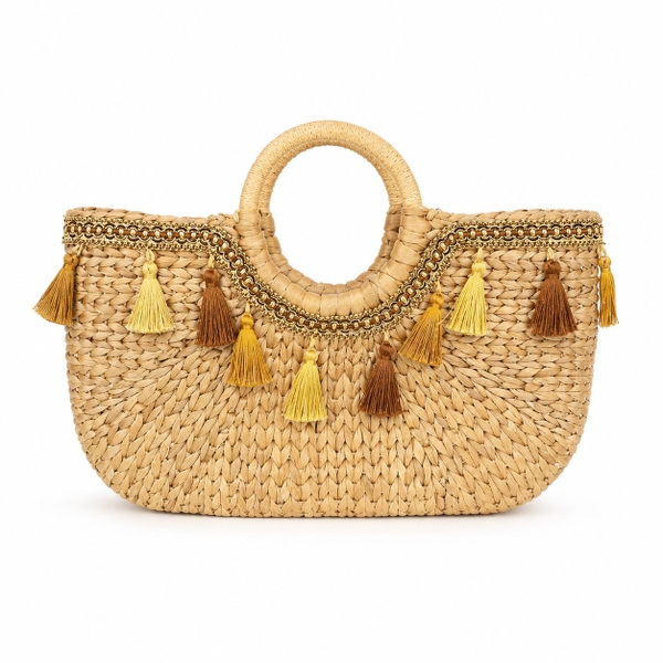 Half Moon Straw Bag with Tassels
