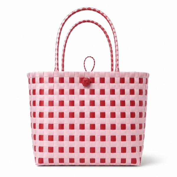 Woven Basket Bag in Red & Pink Gingham (M)