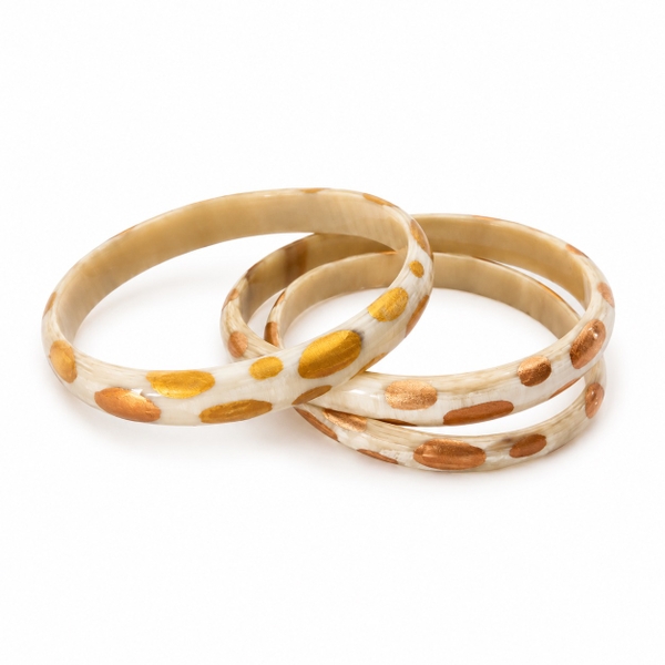 AZIET -  Buffalo Horn & Lacquer Small Flat Bracelet in White With Gold Polka Dots