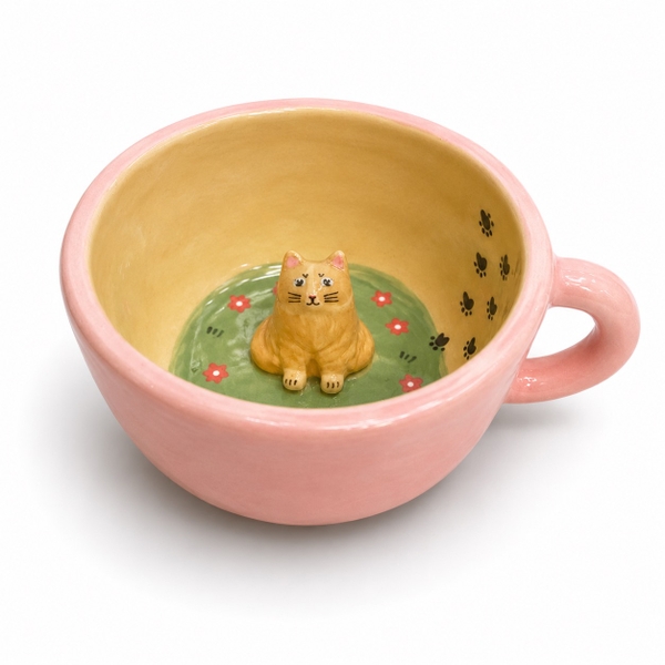 LINDO CRAFTS - Pink Mug With Paw Print & Cat Inside