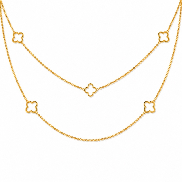MIALIE - 18K Gold Plated Double Chain Necklace With Clover Charm