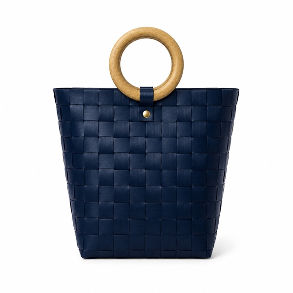Woven Market Basket Bag With Round Wooden Handle in Black (M)