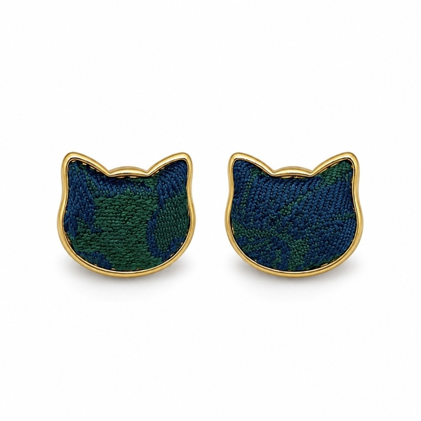 MỘC SAN - 16K Gold Plated & Silk Stud Earrings in Emerald Green Cat