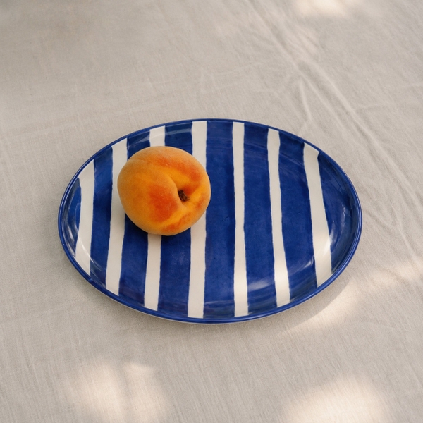 BÁT TRÀNG CERAMIC - Large Round Plate in Striped Navy