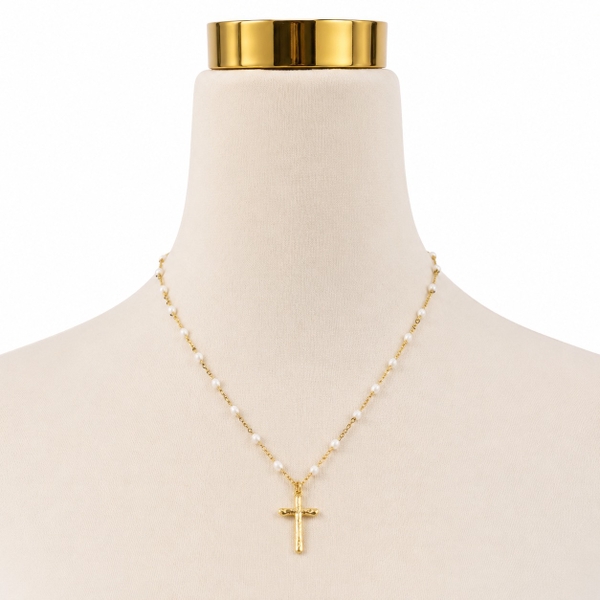 ROUGE - 18K Gold Plated Pearl Necklace with Cross Pendant