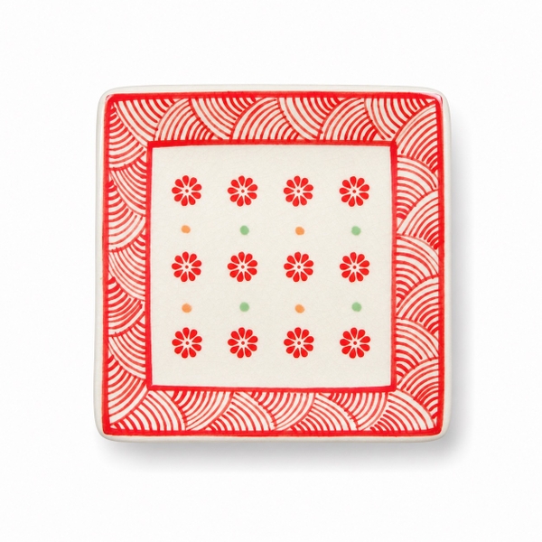 BAT TRANG - Ceramic Square Plate With Red Flower