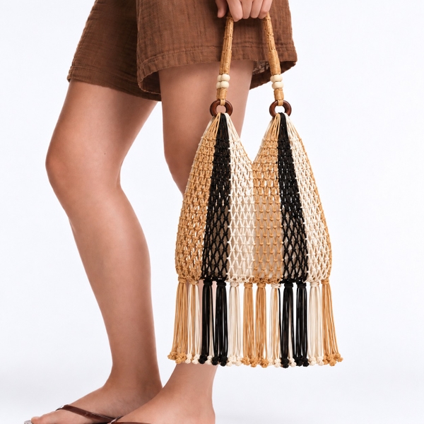 Tassel Macrame Tote Bag - Black & Beige