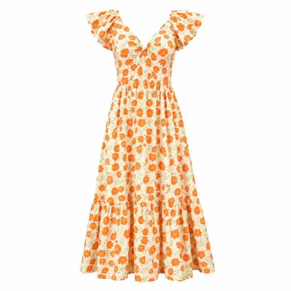 HUMANITY HANOI -  Ruffle Maxi Dress in Orange Floral