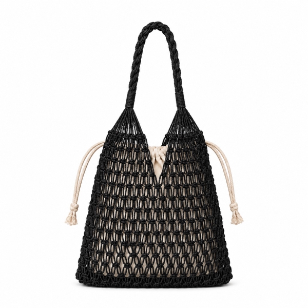 Cotton Macrame Market Tote Bag in Black
