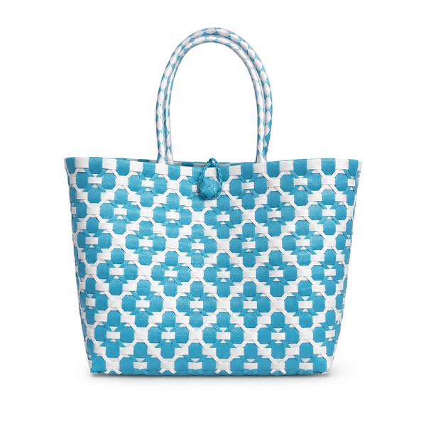 Woven Basket Bag in Turquoise Flower Pattern (S)