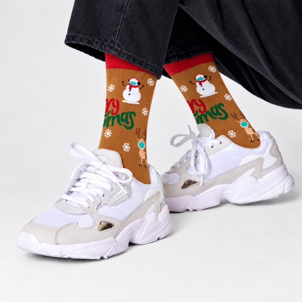 CHRISTMAS - 'Santa Wearing Mask in Brown' Holiday Crew Socks