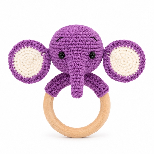 KID & BABY - Macrame Rattle With Wooden Handle in Elephant