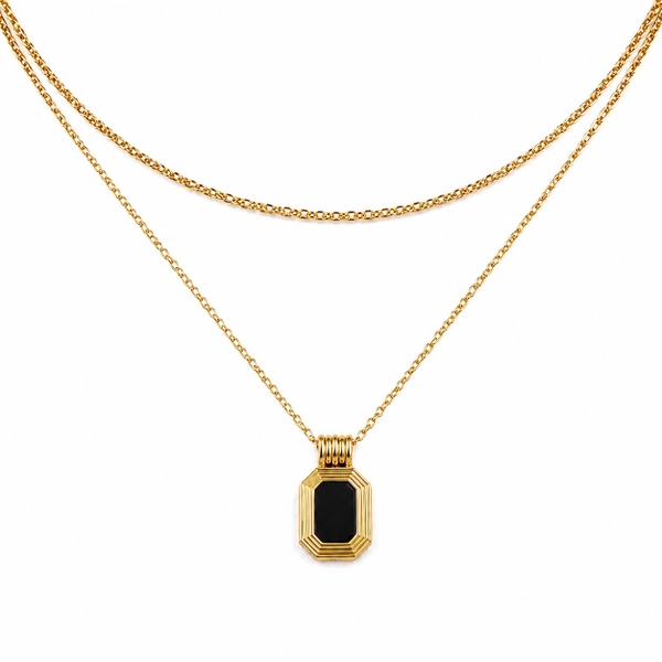 MIALIE - 18K Gold Plated Double Chain Necklace With Black Stone Pendant