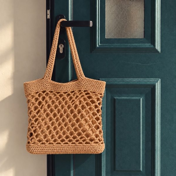 Macrame Tote Bag With Zipper - Tan