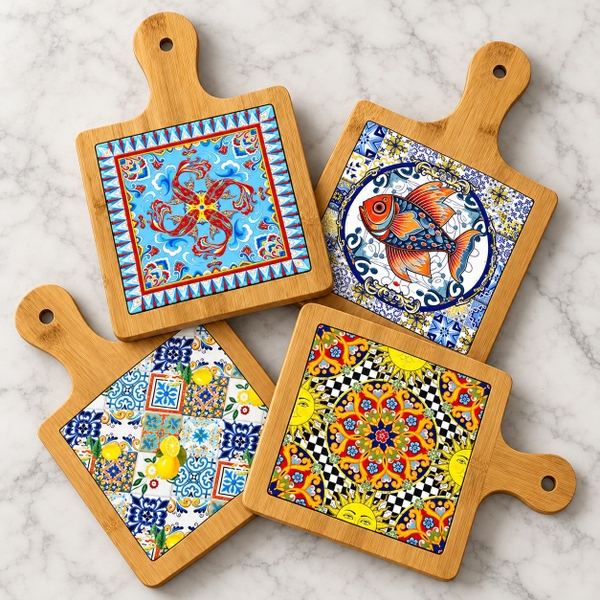 BÁT TRÀNG CERAMIC - Wood & Ceramic Pot Holder In Lemon & Pattern