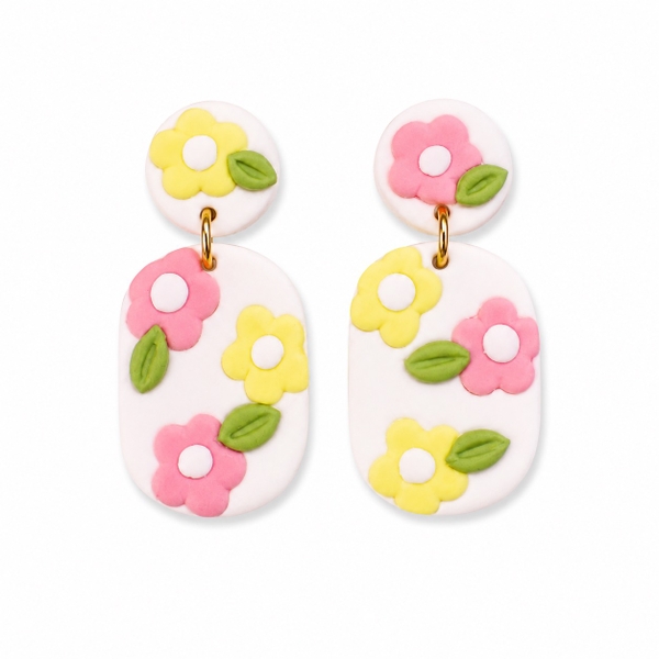 Colorful Zone - Clay Earrings With Flowers in Pink & Yellow