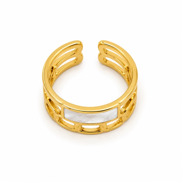MIALIE - 18K Gold Plated Double Chain Ring With Rectangle Mother Of Pearl