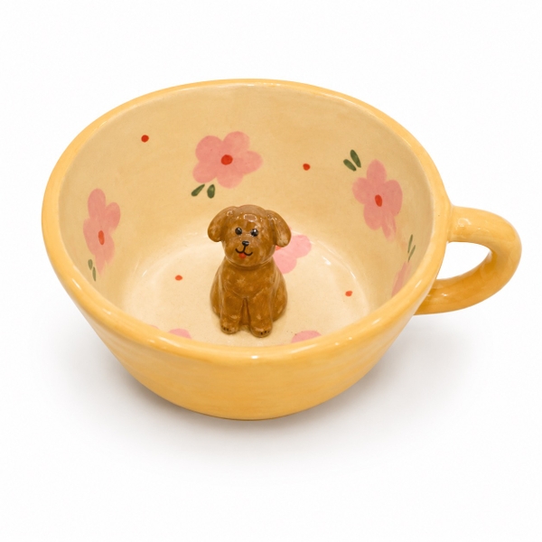 LINDO CRAFTS - Yellow Mug With Pink Flower & Brown Dog Inside