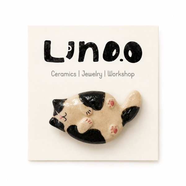 LINDO CRAFTS - Black & White Cat Ceramic Magnet