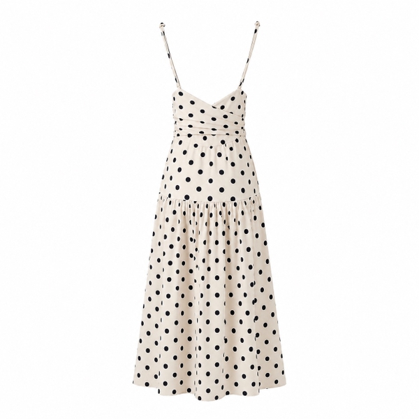HUMANITY HANOI - Drop Waist Dress In Beige With Polka Dot