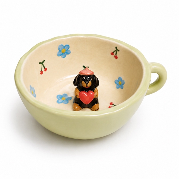 LINDO CRAFTS - Green Mug With Blue Flower & Black Dog Inside
