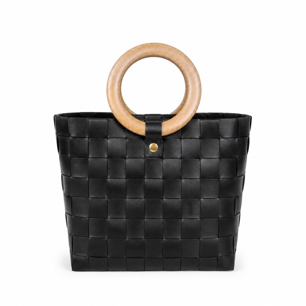 Woven Market Basket Bag With Round Wooden Handle in Black (S)