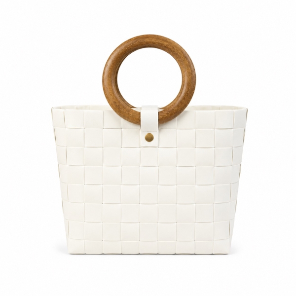 Woven Market Basket Bag With Round Wooden Handle in White (S)