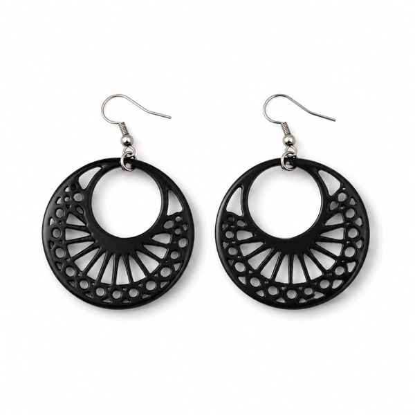 AZIET -  Buffalo Horn Round Earrings in Black Fan