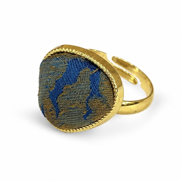MỘC SAN - 16K Gold Plated & Silk Ring in Olive Blue Freeform Oval