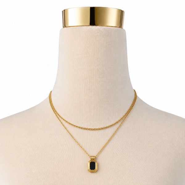 MIALIE - 18K Gold Plated Double Chain Necklace With Black Stone Pendant