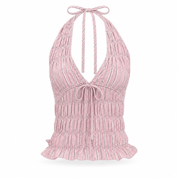 HUMANITY HANOI - Ruch Halter Top With Ruffle in Stripe Light Pink