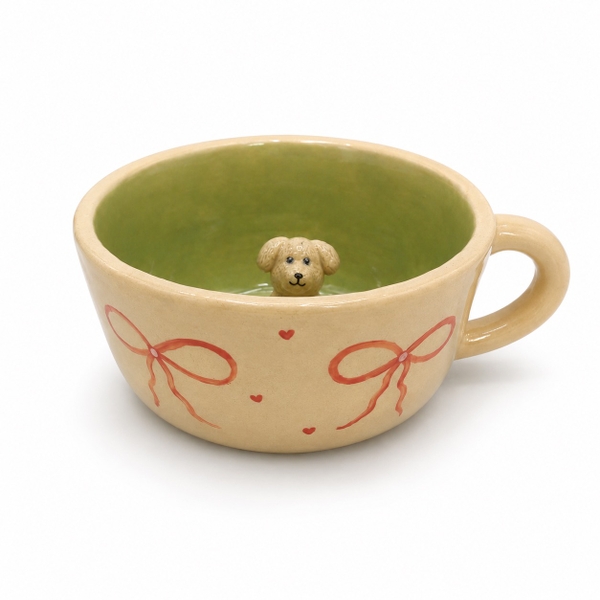 LINDO CRAFTS - Heart & Bow Mug in Green With White Dog Inside