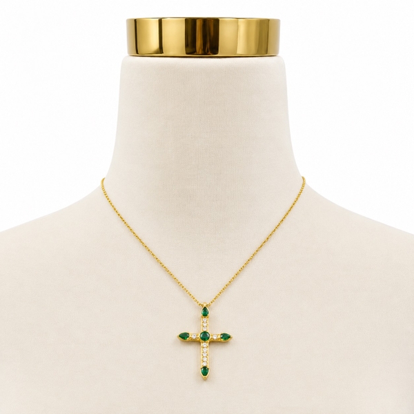 ROUGE - 18K Gold Plated Necklace with Cross Pendant & Green Stone