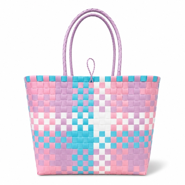 Medium Woven Basket Bag in Cotton Candy Geometric Pattern (M)