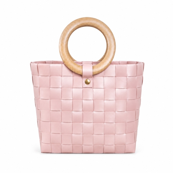 Woven Market Basket Bag With Round Wooden Handle in Dusty Pink (S)
