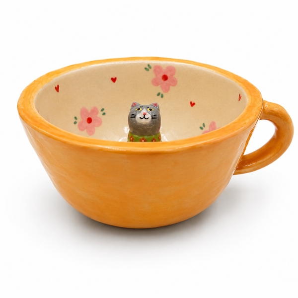 LINDO CRAFTS - Orange Mug With Pink Flower & Grey Cat Inside