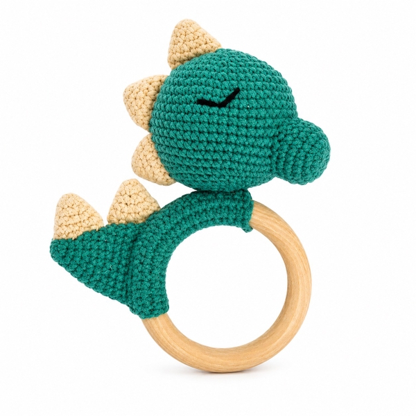 KID & BABY - Macrame Rattle With Wooden Handle in Dinosaur