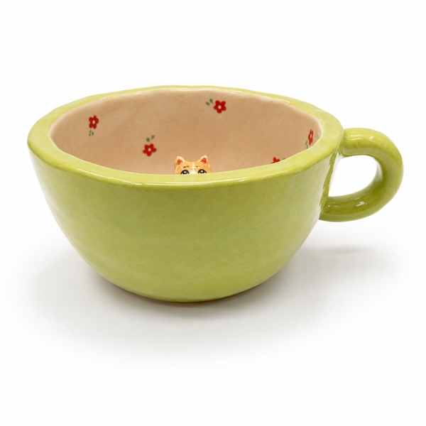 LINDO CRAFTS - Green Mug With Tiny Red Flower & Orange Cat Inside