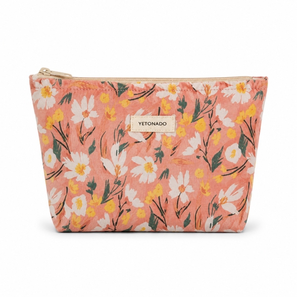 Make Up Purse - White & Yellow Flower in Coral