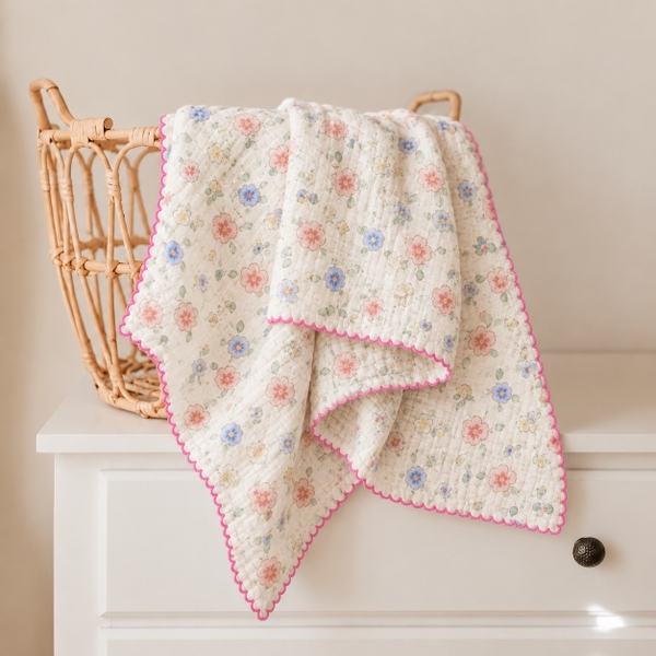 KID & BABY - Muslin Blanket in Tiny Blue & Pink Flower