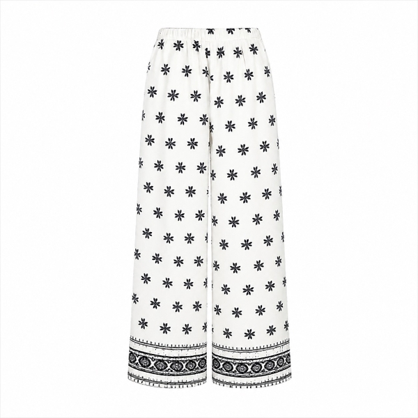 HUMANITY HANOI -  Linen Wide Leg Pants in White With Black Pattern